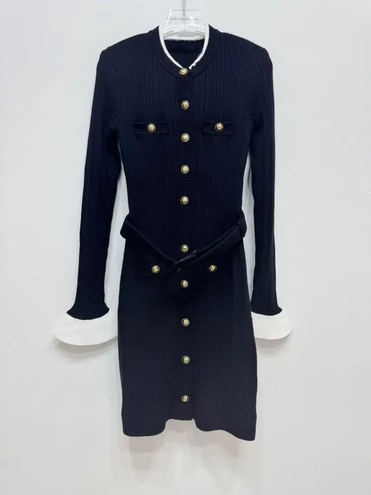 Robe française de couleur contrastée pour femme, élégante, col rond, simple boutonnage, Slim, enveloppée dans les hanches, Mini Robe avec ceinture, mode automne hiver