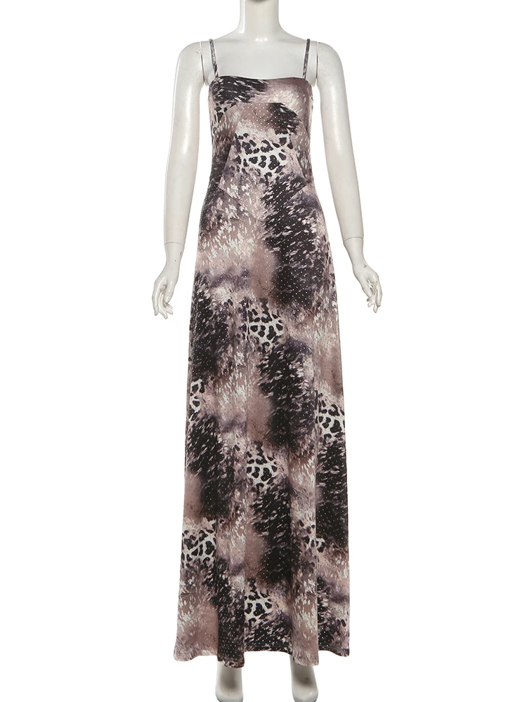 Sukienka na ramiączkach tie-dye Cutenew, damska, seksowna, z dżetami, bez pleców, elegancka, prosta, na wakacje na plaży, urodziny, elastyczna, obcisła, maxi, bodycon