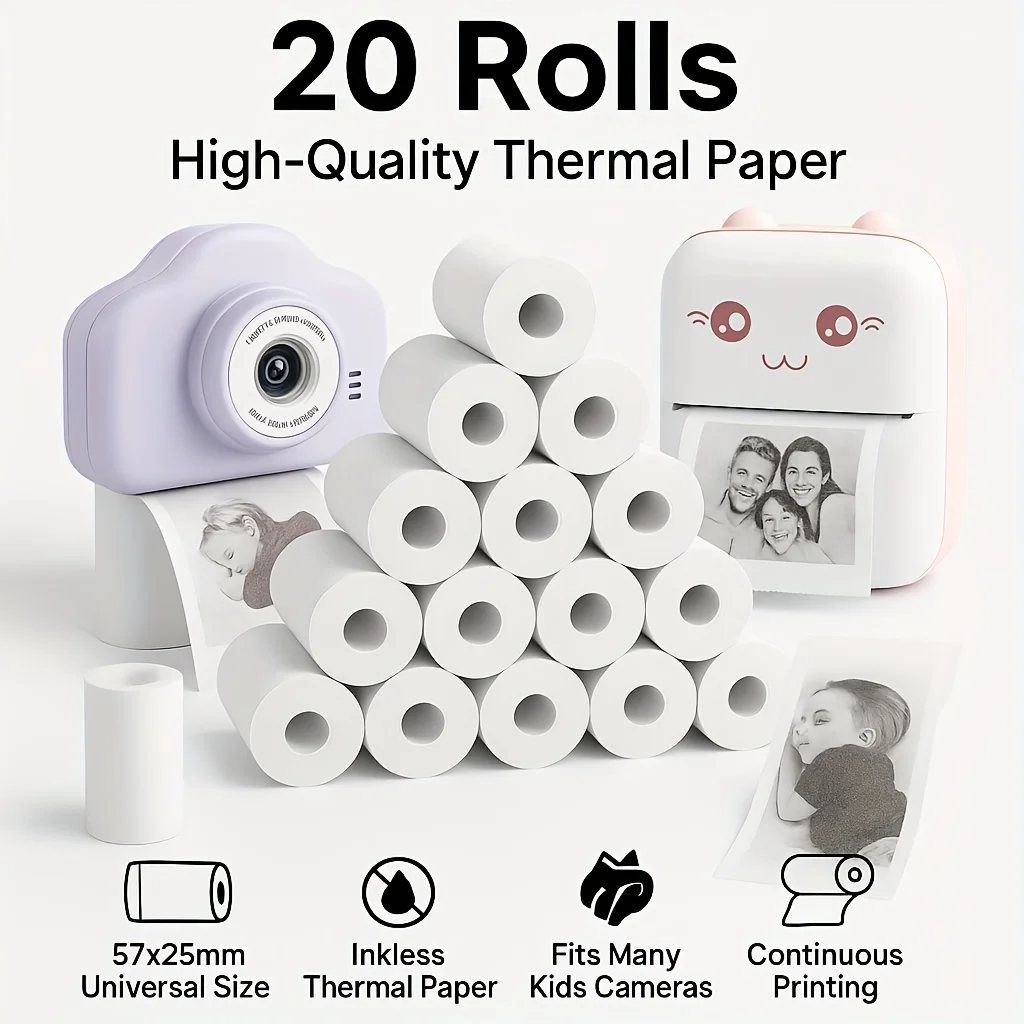 20 Rolls Thermal Printing Paper – 57×25mm, Compatible with Kids Cameras, Clear & Long-Lasting Print