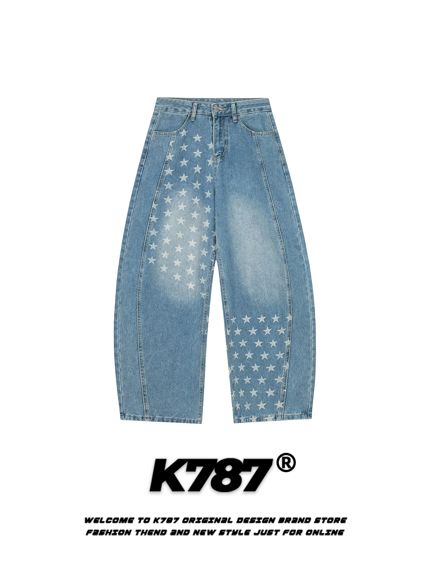 

K787 American Retro Star Print Jeans High Waist Loose Casual Wide Leg Floor-Length Trousers for Men And Women