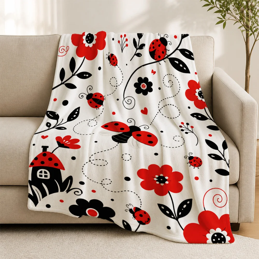 Adorable Ladybug Floral Pattern Throw Blanket for Sofa Couch Cozy Home Decor Autumn Seasonal Lap Throw Gift for Girls Nursery Be