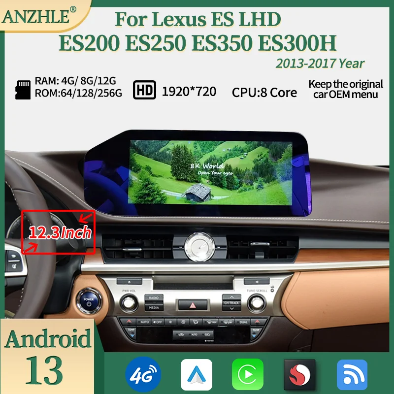 ANZHLE 12.3 Inch For Lexus ES ES200 ES250 ES350 ES300H LHD Qualcomm Android 13 GPS Radio Multimedia Player Carplay OEM Menu