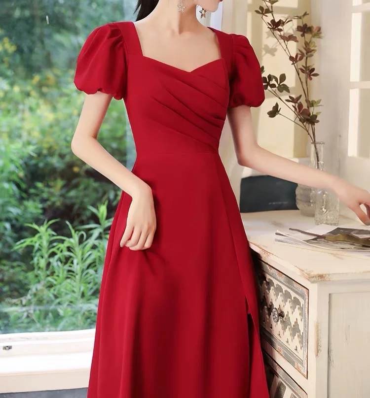 Vestido de noche elegante Borgoña 2025, corte en A, cuello cuadrado, manga abombada, Sexy, abertura larga, vestido Formal para fiesta de graduación, vestido de fiesta para mujer, nuevo