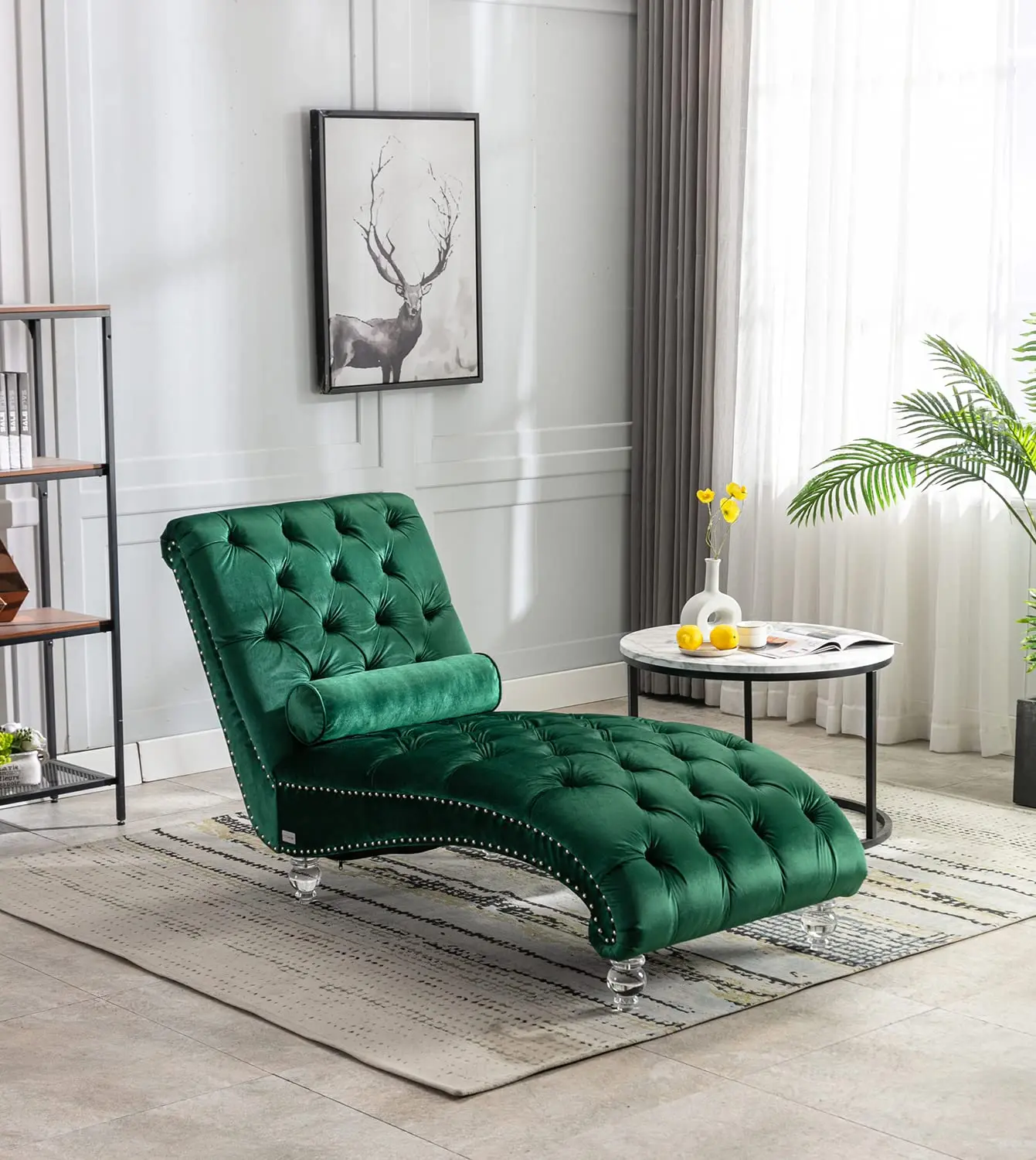 Velvet Chaise Lounge Chair with Toss Pillow, Modern Tufted Button Lounge Chair with Acrylic Legs, Upholstered Indoor Sleeper Cha