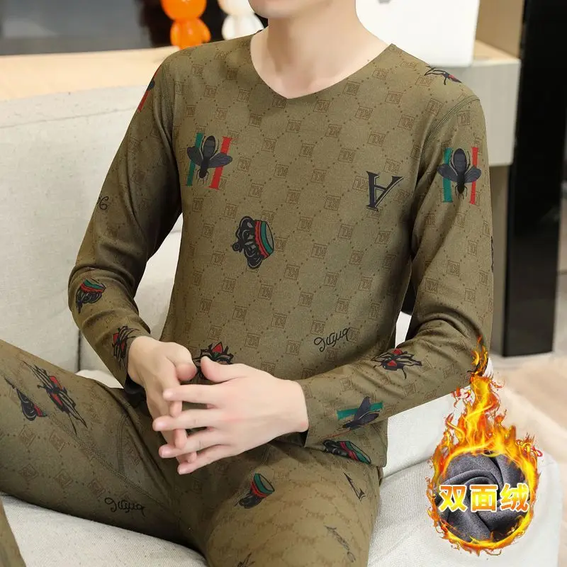 벨벳 무봉제 프린트 보온복 남성용 겨울 민소매 브이넥 조끼 양면 벨벳 이너웨어 보온 속옷