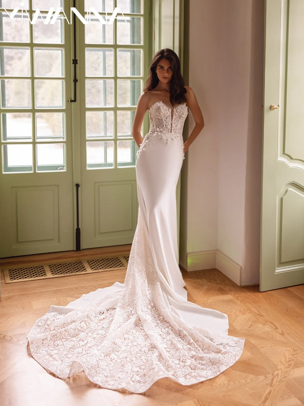 

Ivory 3D Flower Lace Mermaid Long Wedding Dress Sweetheart Neck Bridal Gown Customized Stunning Backless Dresses For Bride