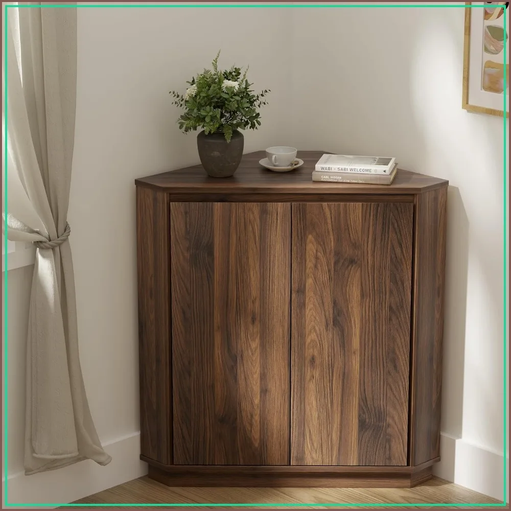 Small, 2 Doors, 2-Tier Wooden Corner Storage Cabinet Narrow Storage Organizer