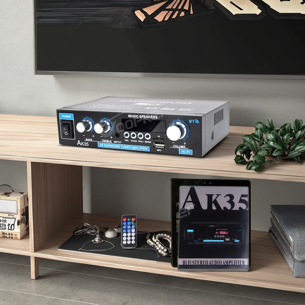 AK35 Mini HIFI Digital Amplifier 800W 2 Channel Home Receiver Surround Sound 12V USB Remote Control FM Mini 30W