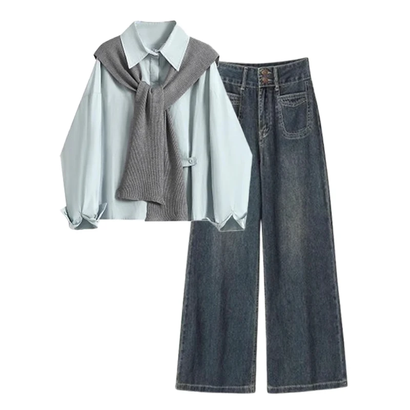 

Fashionable Layered Scarf Shirt Top Spring Summer 2026 New Style Versatile Slimming Jeans Polyester Fiber Long Sleeve Co...