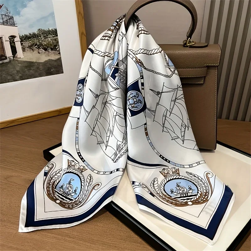 

Luxury Large Nautical Print Square Scarf Thin Breathable Silky Neck Scarf Glamorous Style Sunscreen Headscarf