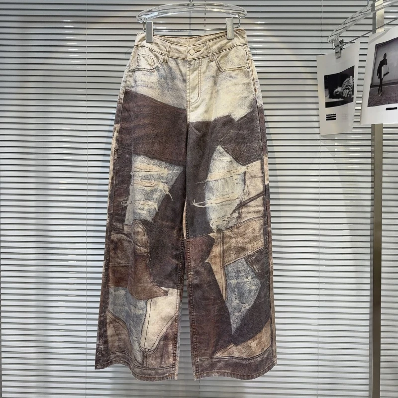 

American Retro Hip-hop Style Jeans for Women Spring and Autumn Smudge Printing Loose Fashion Hot Girl Patchwork Wide-leg Pants