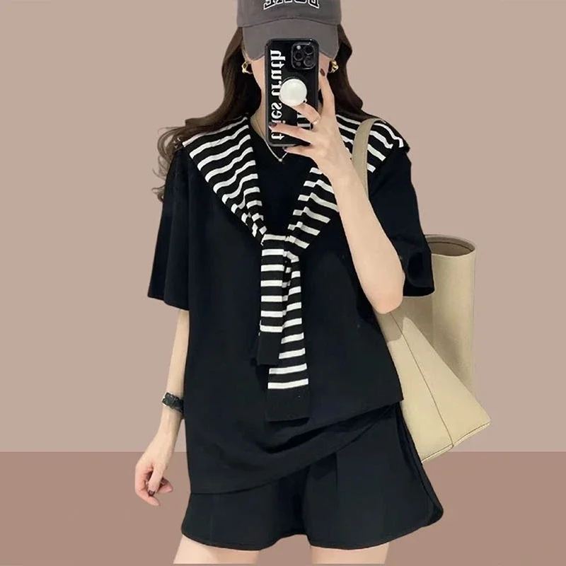 

Мешковатые черные женские короткие комплекты из двух предметов с круглым вырезом Тенденции шикарных и элегантных комплектов из двух предметов Дешевые предложения Пошив женских шорт