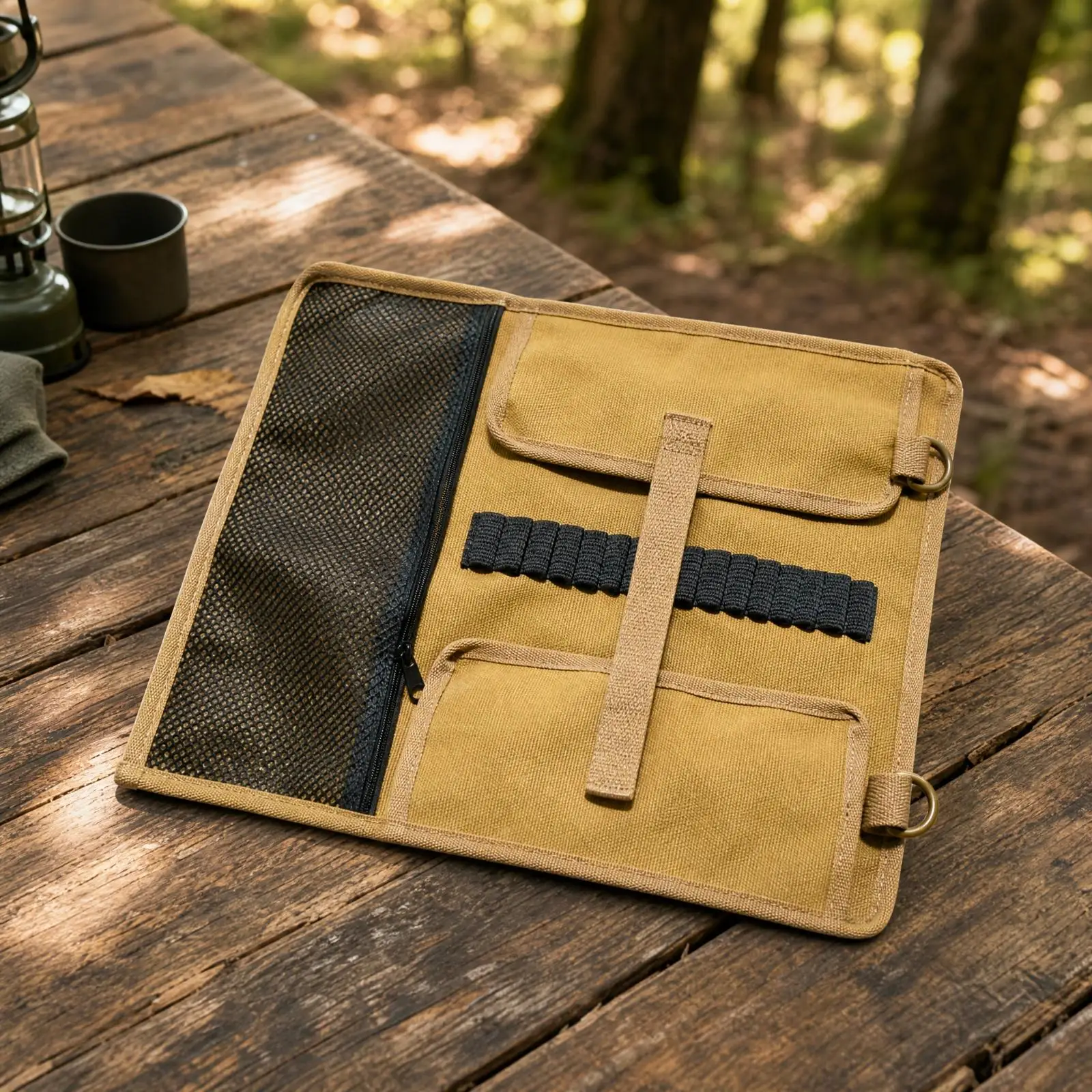 Outdoor Camping Tent Stake Pouch Canvas Storage Organizer with Zippered Mesh Pocket and Carry Handle for Gear Transport