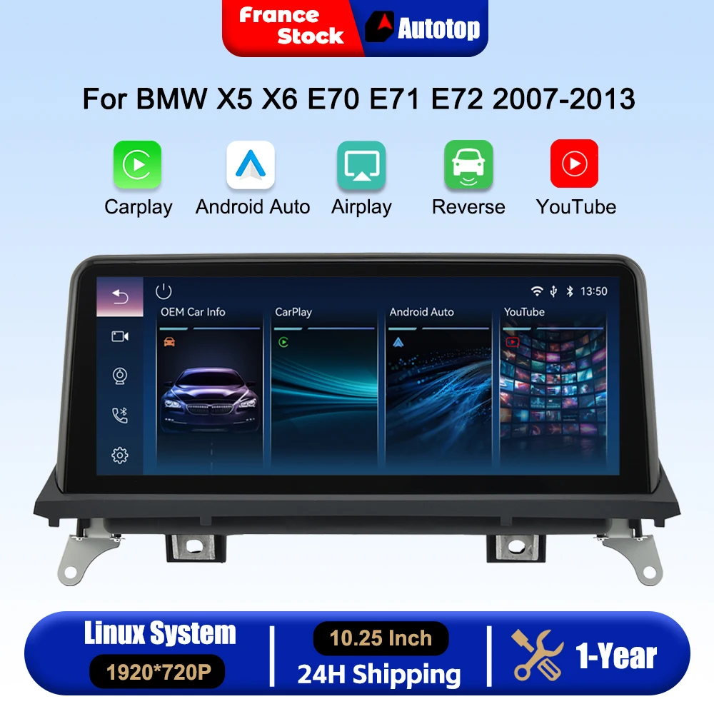 10.25 Inch Wireless Carplay Android Auto Car Radio For BMW  X5 X6 E70 E71 E72 CCC CIC System 2007-2013 Multimedia Video Player Smart Touch Screen Car Intelligent Systems Airplay Autolink Mirror Link WiFi Bluetooth GPS Navigation