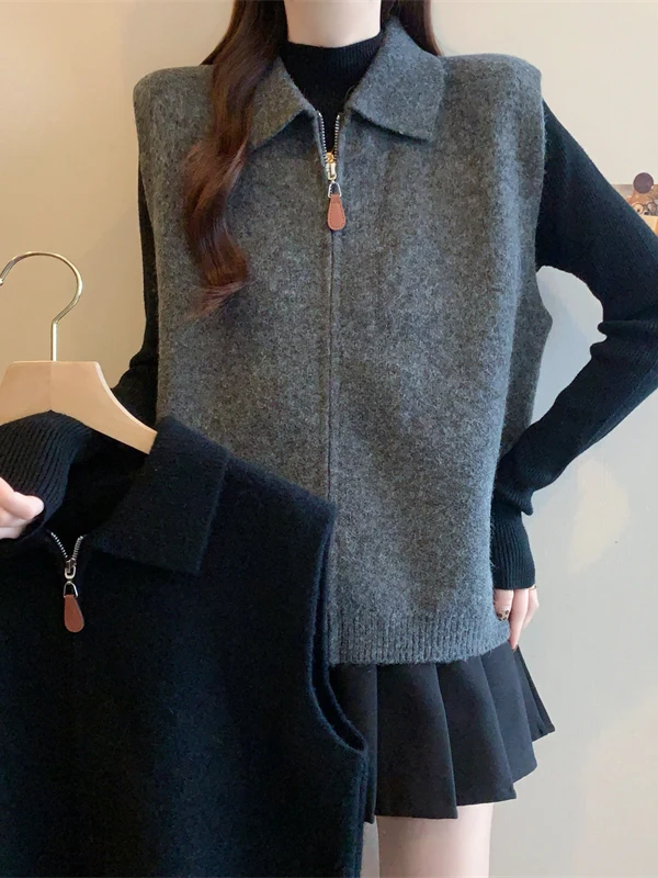 

plus Size Slimming Knitted Vest Zipper Collar Lazy Style Women's Casual Loose Fit Versatile Outerwear Spring Season