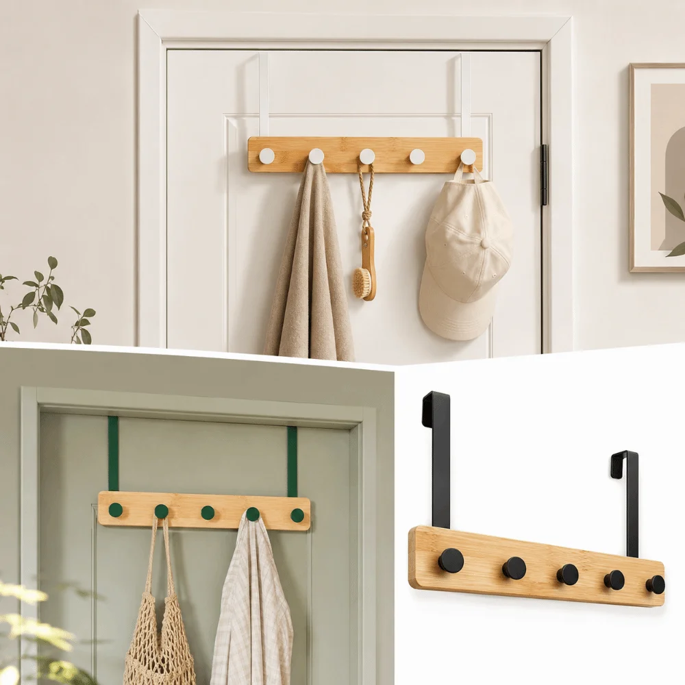 6 Hooks Over The Door Hooks Natural Bamboo Matte Metal Brackets Clothes Rack Stable Structure Smooth Surface Towel Hanger