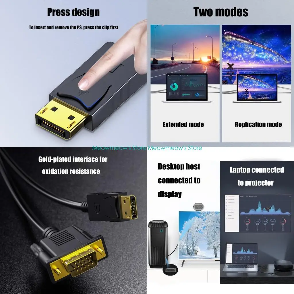 W91A High Resolution DisplayPort To VGA Cable 100cm/200cm, Gold Plated Adapter For Computer To Monitors Display to VGA Cord