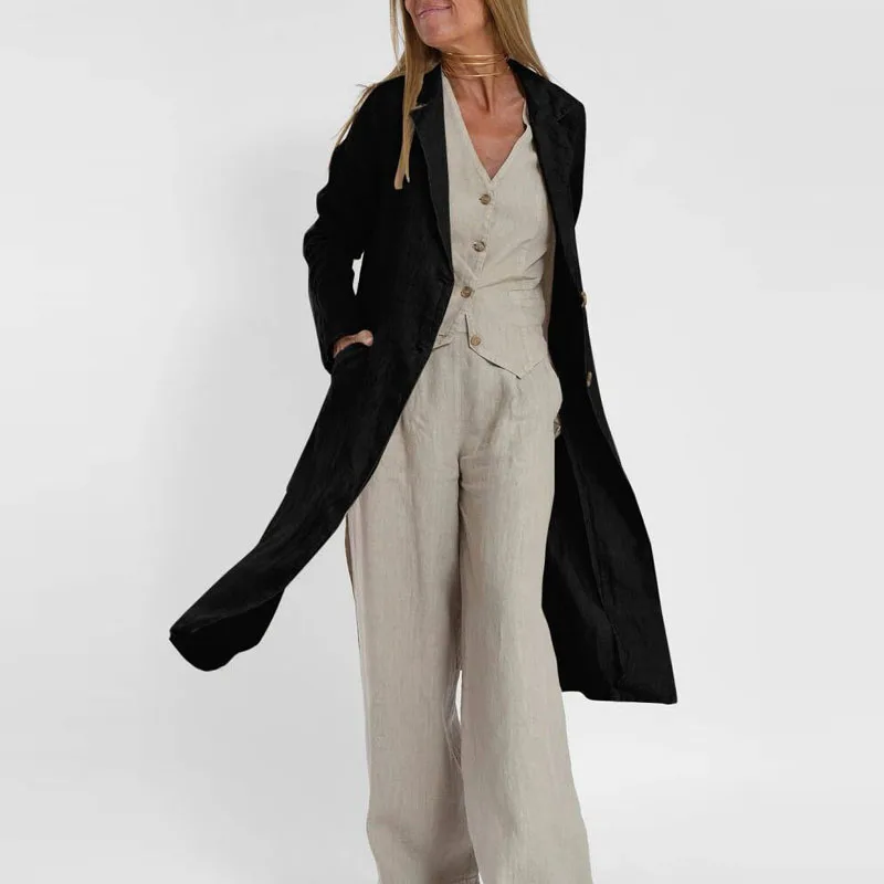 2023 Autumn Women Cotton Linen Suit Collar Pocket Coat Fashion Single Row Two Button Jackets Female Solid Office Slit Long Coats