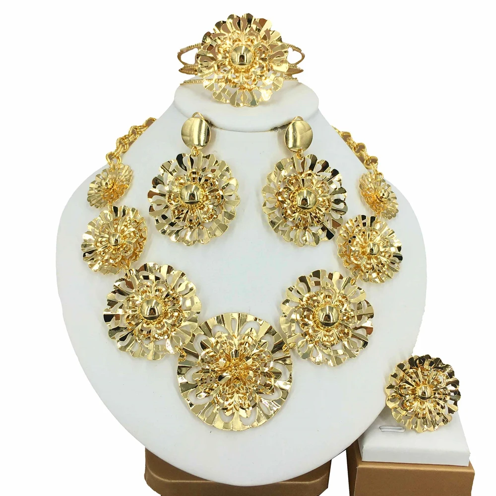 

New Trendy Women Fashion Jewelry Set Brazilian Dubai Gold-Plated Flower Wedding Bridal Simple Pendant Necklace Gifts FHK15744