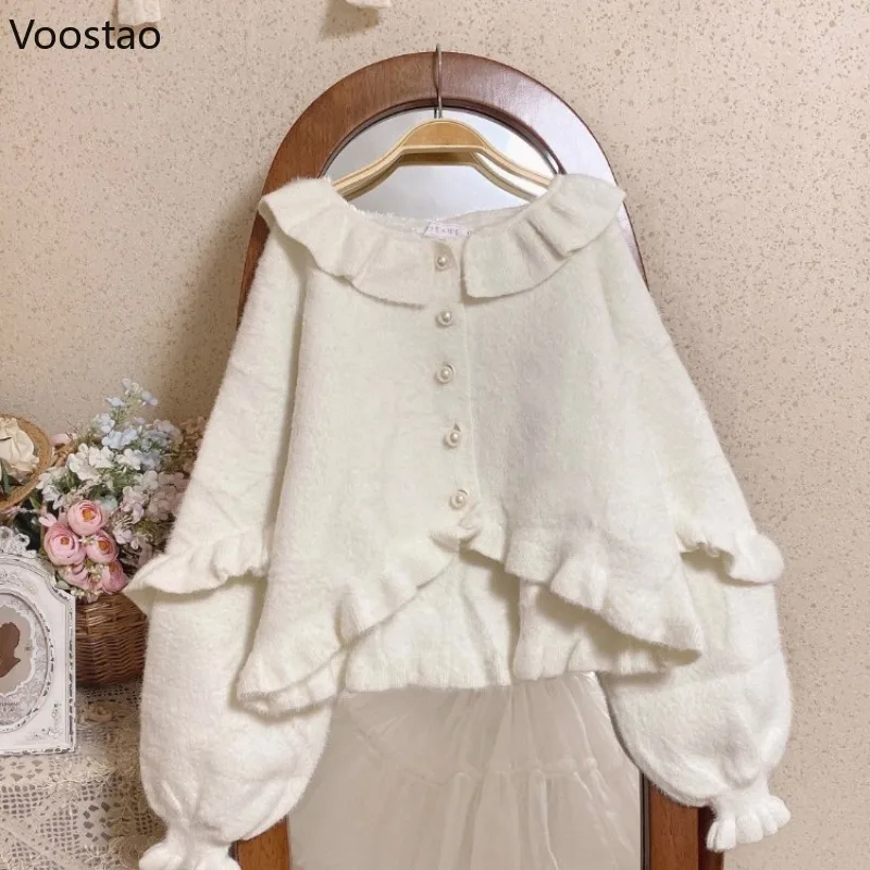 Sweet Lolita Style Knitted Cardigan Women Kawaii Ruffles Puff Sleeve Short Sweater Jacket Korean Girls Casual Y2k Knitwear Coat