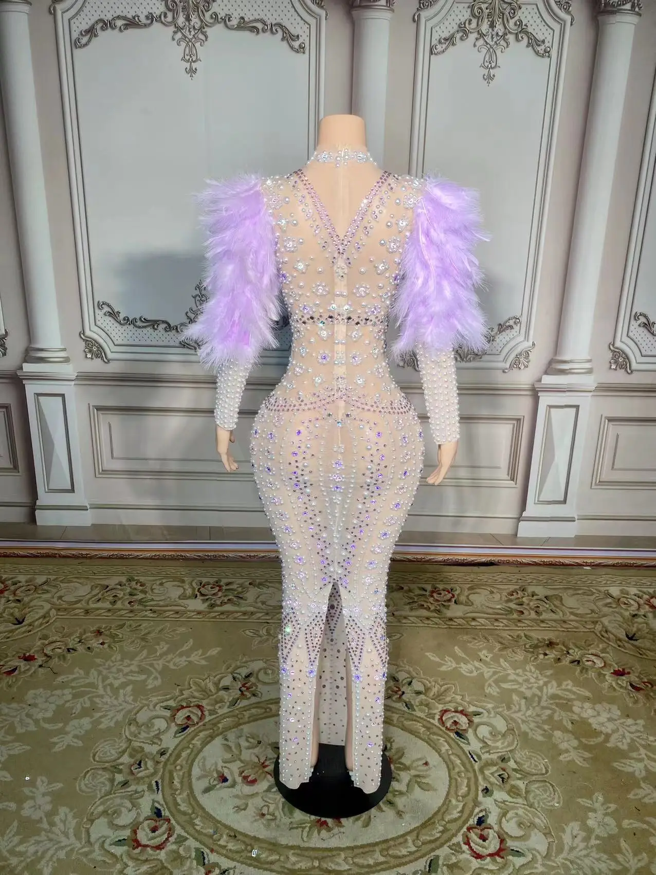 ZD-فستان بأكمام ريشة للنساء ، لؤلؤ ، أحجار الراين ، راقصة ، مغني ، ملابس حفلات المسرح ، زي الاحتفال ، موضة