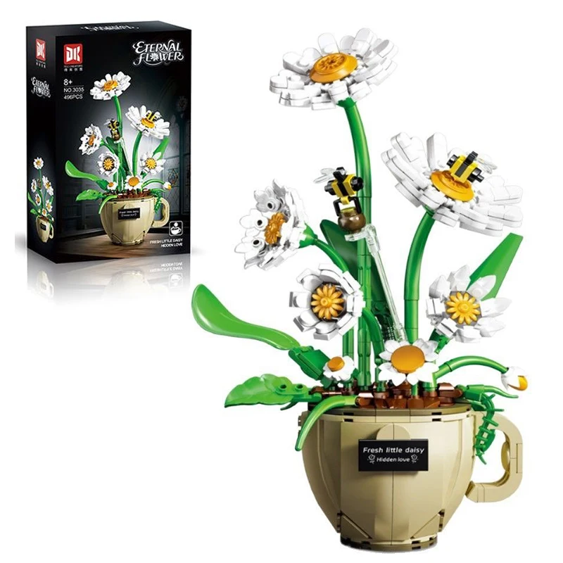 

496 шт., креативные ромашки, розы в горшке, букет растений, украшения, образовательная сборка, строительные блоки, игрушка в подарок, цветочное украшение для дома