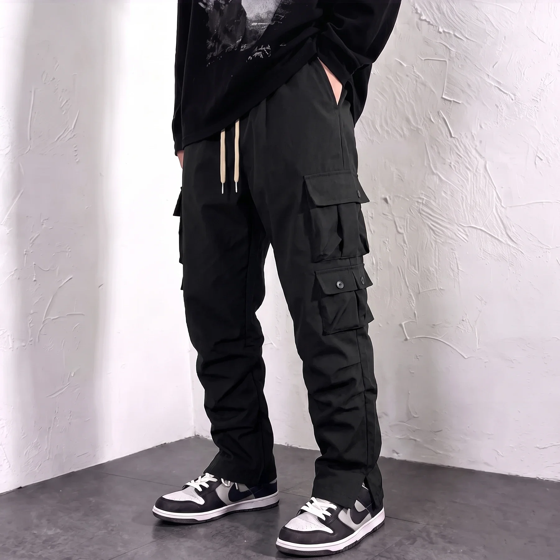 Men Work Cargo Pants Straight Leg Elastic Waist Drawstring Multi Pocket Casual Trousers Outdoor Streetwear Pants for Men