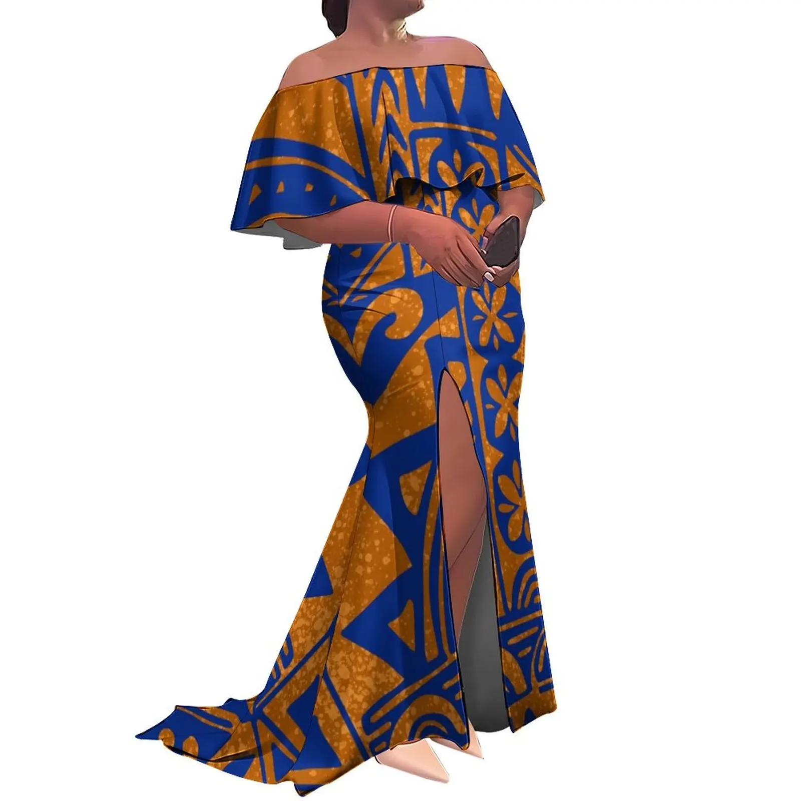 Livre de impostos logotipo personalizado senhoras fishtail vestido de noite polinésia babado fora do ombro divisão sereia longo maxi vestido da nova zelândia