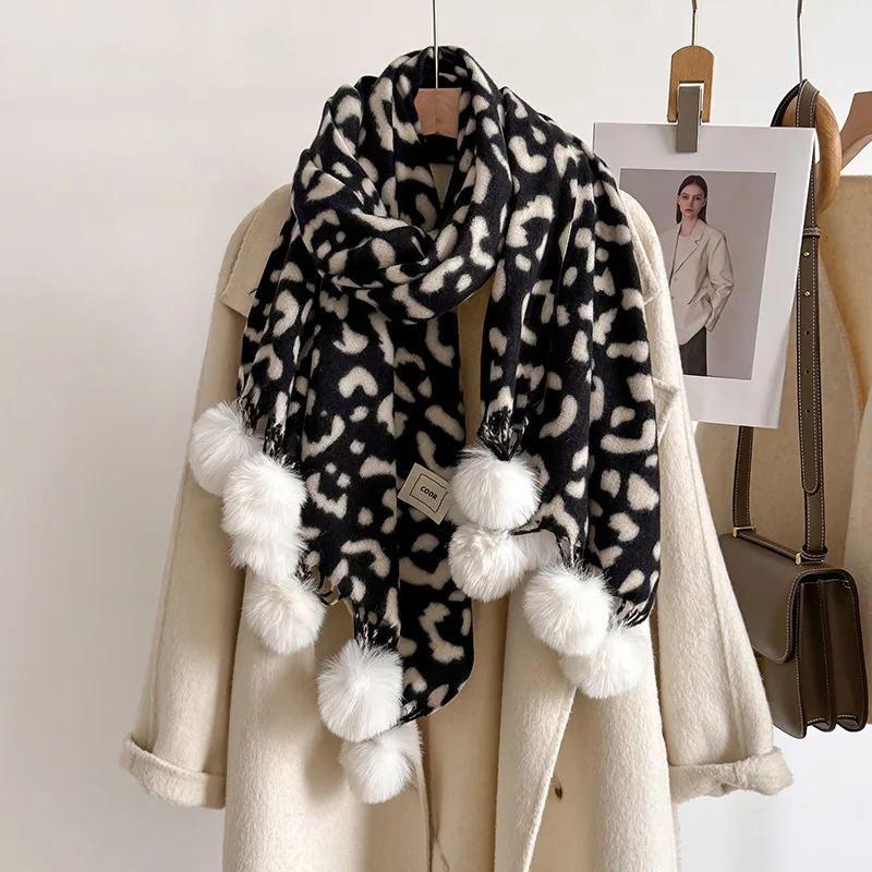 

Модный кашемировый шарф с кисточками из искусственного меха и леопардовым принтом, женский зимний теплый длинный шейный платок, весенне-летние накидки