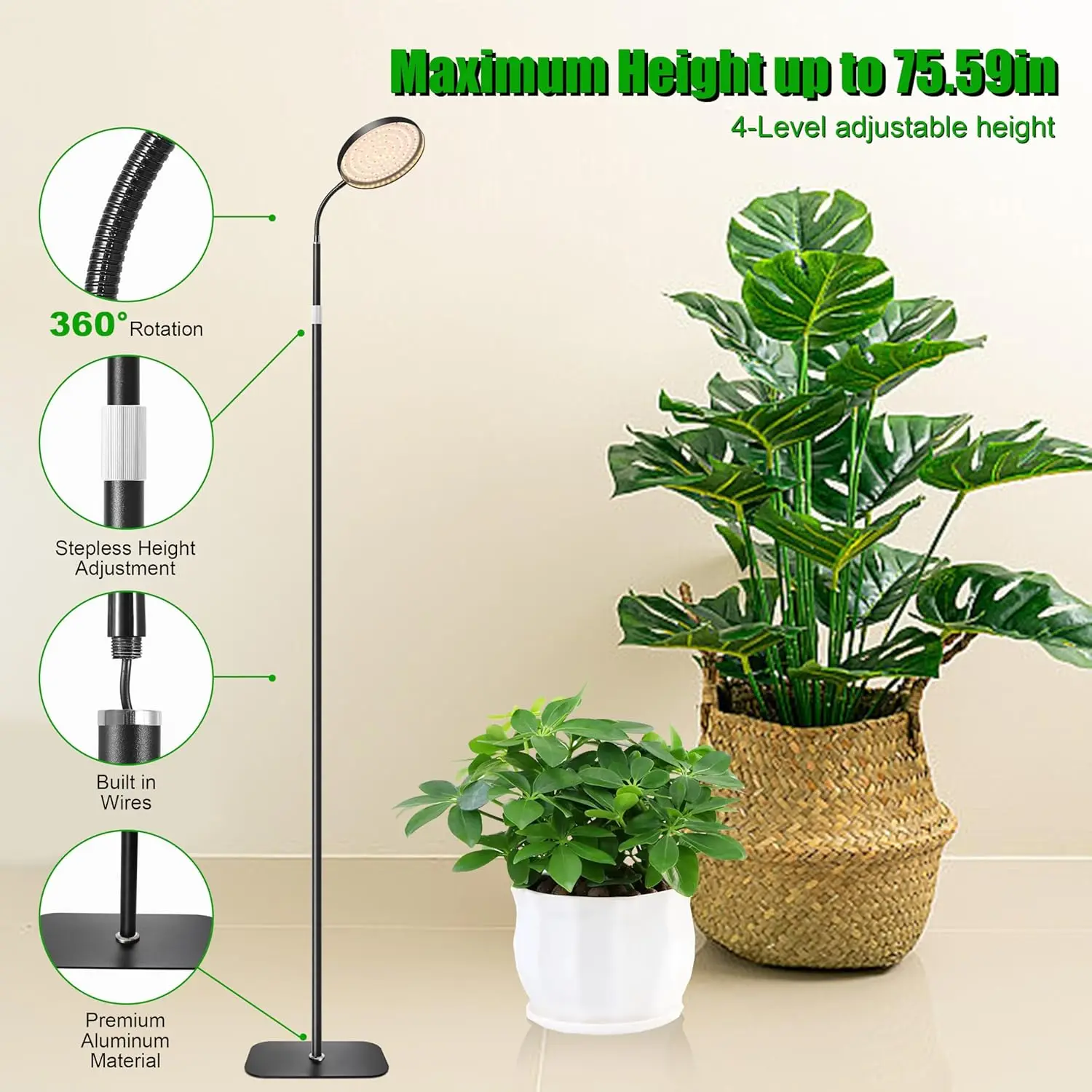 Full Spectrum Grow Light,Height Adjustable Standing Plant Light for Large Tall Small Plants,Floor Growing Light for Indoor Plant