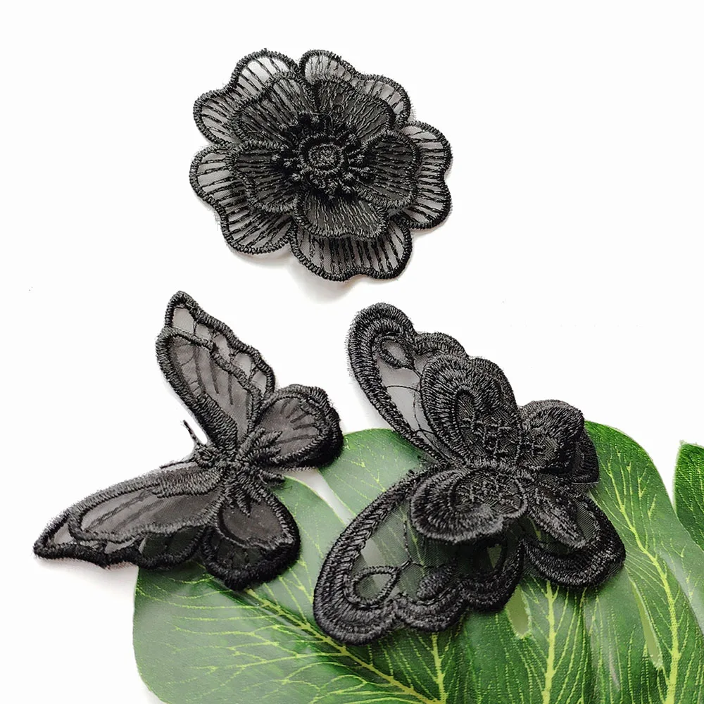 10Pcs/Lot Sew On Lace Flower Patches Black Organza Flower Butterfly Appliques for Dress Clothes DIY Decoration