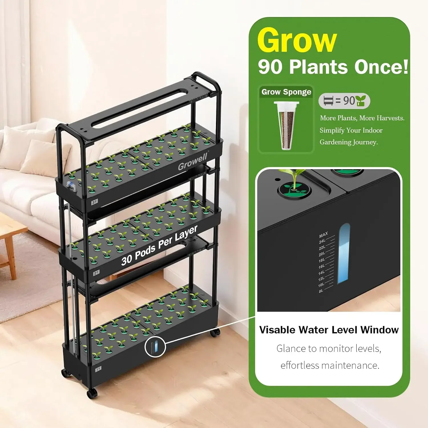 Large Hydroponics Growing System Kit, 90 Pods Vertical Indoor Herb Garden Kit with 2 Light Modes & Auto Circulating Water
