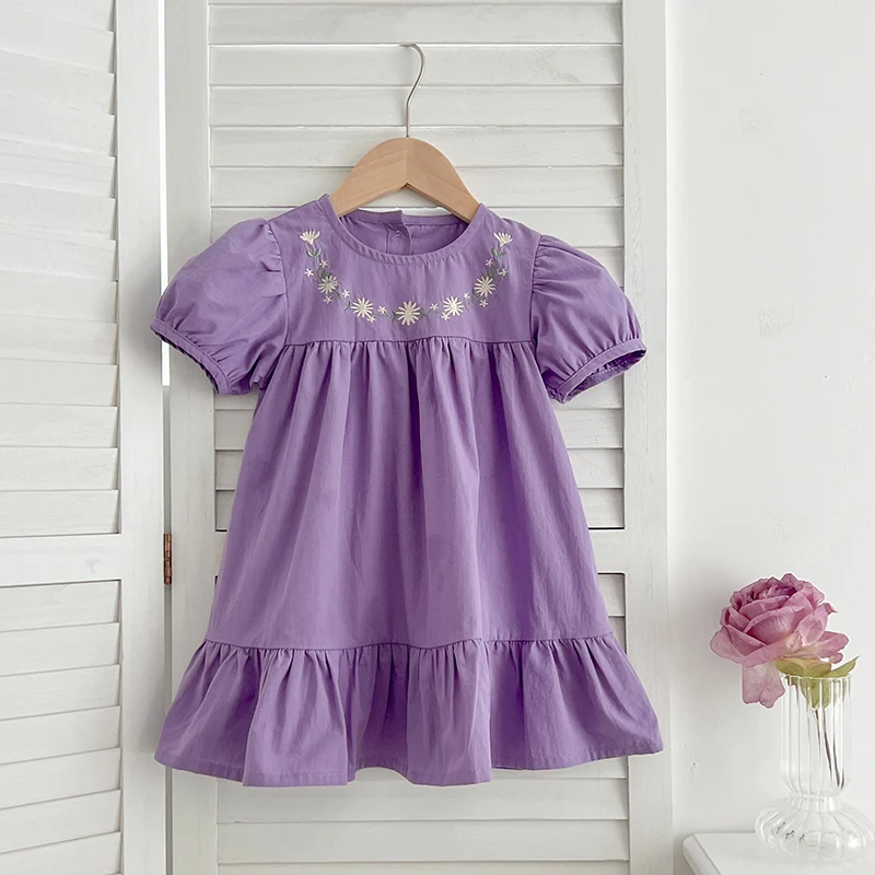 Girls Fashion Birthday Gift Princess Dress Girls Casual Embroidered Floral Dress Little Kids Pure Cotton Puffy Sleeve Clothes