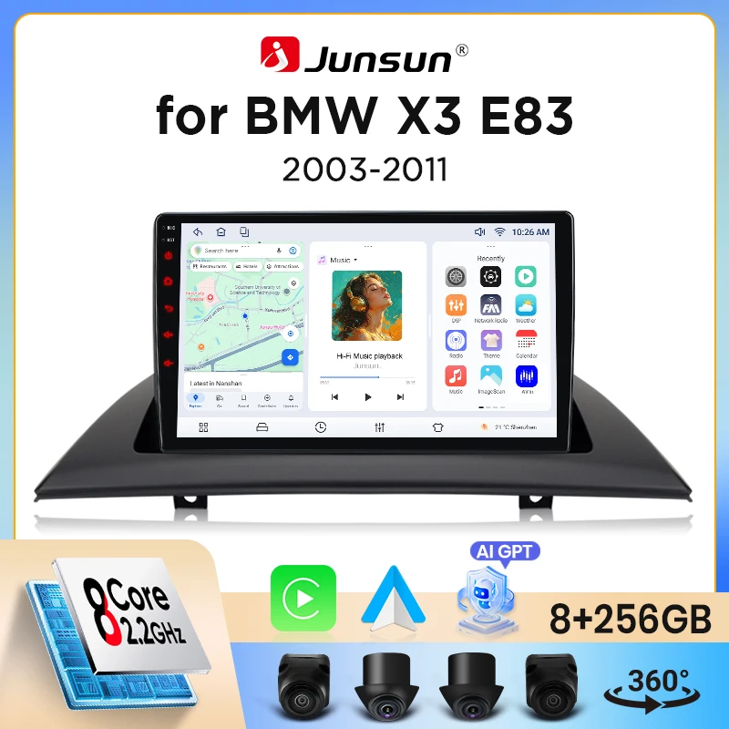 Autoradio Junsun sans fil CarPlay Android Auto pour BMW X3 (E83) 2003-2010 avec ventilateur de refroidissement intégré, navigation GPS Android, lecteur multimédia, WiFi, DSP, RDS, BT, SWC, écran tactile IPS, autoradio, lecteur vidéo, unité principale, stéréo