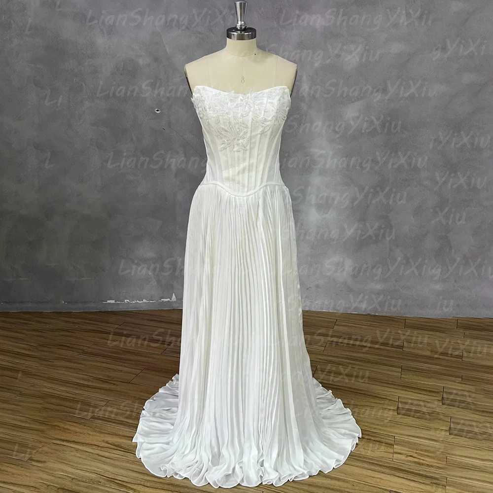 Strapless Satin Wedding Dress Embroidery Corset Bodice Pleated Skirt Lace Up Back A Line Long Bridal Gown Vestido De Novia 2026