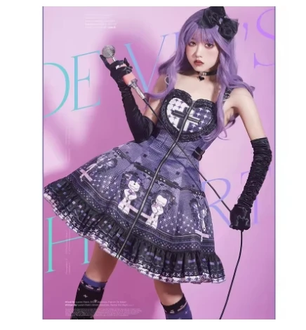 Original Lolita JSK Dress 2024 Autumn Black Purple Cartoon Printed Sweet Gothic Short Suspender Dress for Women Cool Girls Dress