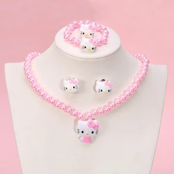 4pcs/set Sanrio Cartoon Hello Kitty Necklace Finger Ring Bracelet Set Kawaii Birthday Gifts For Girls Jewelry Accessories