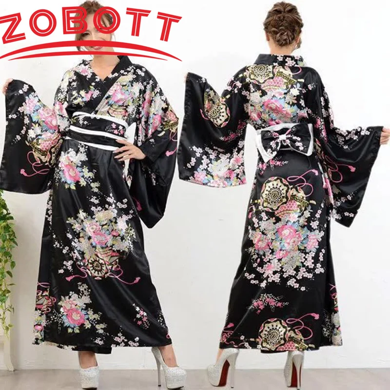 

2023 Hot Sales Women's Full Length Sleepwear Traditional Japanese Style Kimono Satin Pajamas