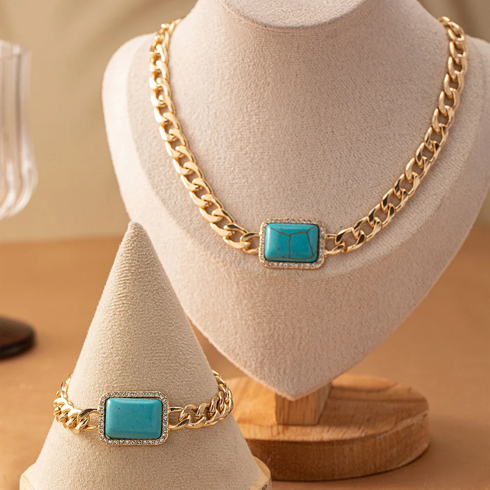 Jewelry Set For Women Geometric Square Turquoise Temperament Necklace Bracelet Holiday Party Gift Fashion Accessories CS022