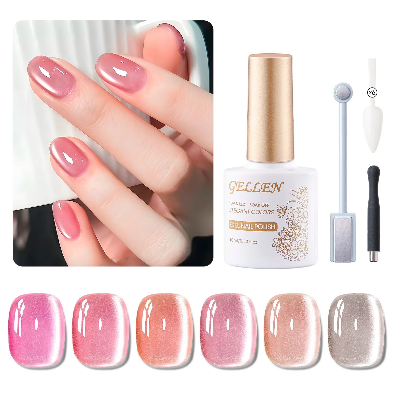

10ml Hema & TPO Free Ultra Cat Eye Effect Nail Gel Polish Sheer Nude Pink Jelly Long Wear Sparkle Soak Off UV LED Gel 6pcs Set