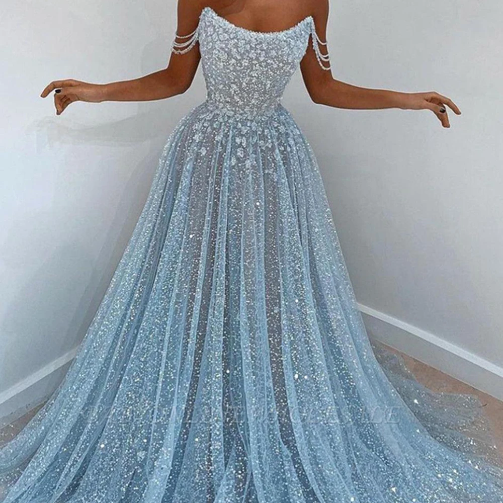 Women Sparkly Sequined Elegant Evening Dress A Line Strapless Formal Occasion Wedding Party Prom Gown For Bride Vestido De Noiva