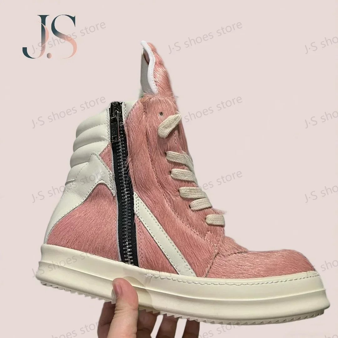 

Men Shoe Ro Pink Horsehair Boots Women High Top Shoes Pink Horse Hair Ankle Boot Casual Sneaker Zipper Lace Up Flat Sneakers
