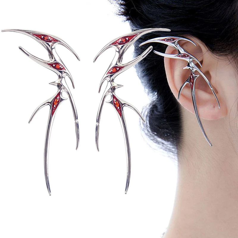 Gothic Punk Butterfly Ear Clip for Women Fashion Red Rhinestones Elf Cosplay Earrings Party Jewelry Accessories Gift Pendientes
