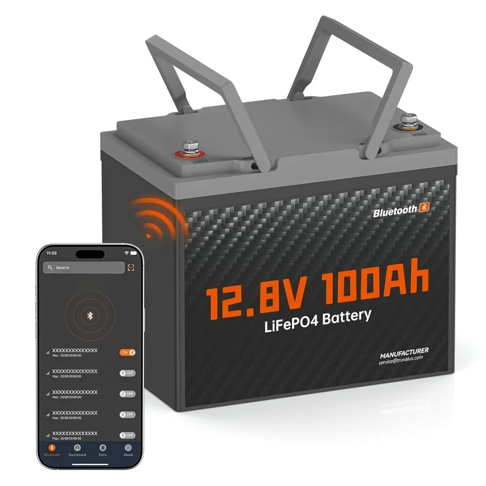 

12V 100Ah LiFePO4 Bluetooth Lithium Battery, Group24 Size, Low Temp Cut-Off, Smart 100A BMS, 5000+cycles,1.28kWh, Customized