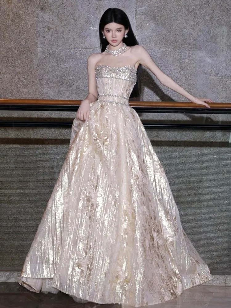 

Strapless toasting heavy-duty diamond-encrusted large size birthday coming-of-age art examination light luxury dress