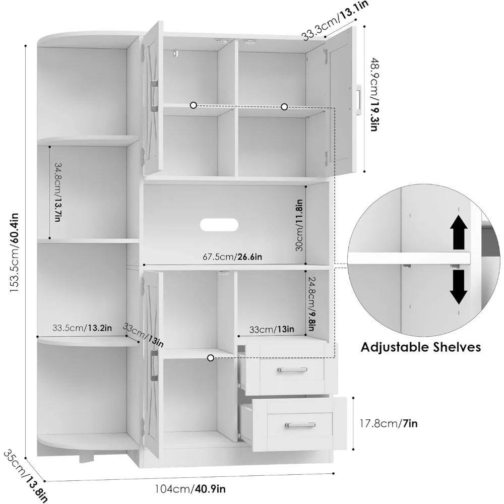 Farmhouse Kitchen Pantry Storage Cabinet, Hutch Autoportante com Portas e Prateleiras, Buffet Aparador com Micro-ondas, 60,4"