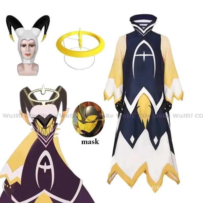 

Hazbin Adam Anime Hotel First Man Angel Halo Black Clothes Mask Cosplay Suit Halloween Party Adult Men Costume
