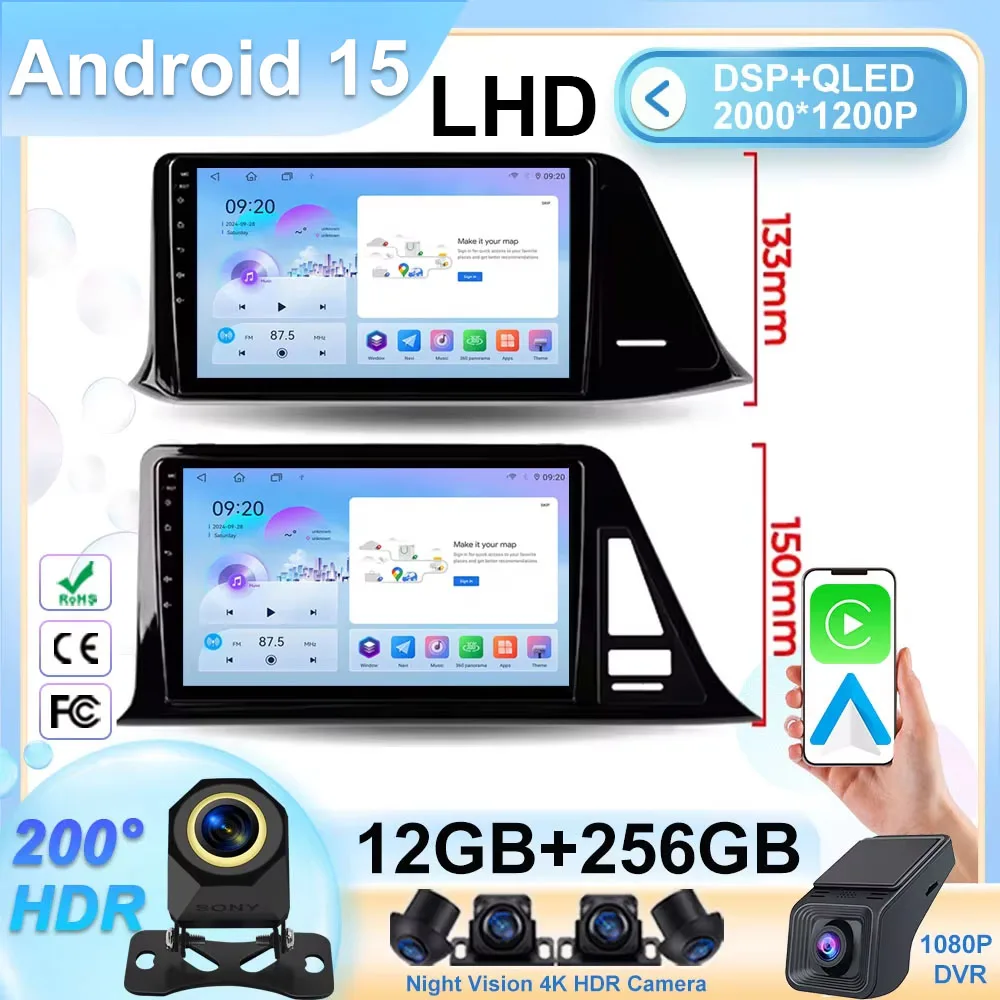 Android 15 Carplay  Auto Stereo For Toyota C-HR CHR 2016 - 2020 Car Radio Multimedia Player Touch QLED Screen WIFI DSP Video DVD