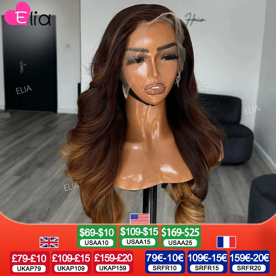 Pelucas de cabello humano 32 pulgadas Ombre Marrón Alta calidad 13x4 Peluca de cabello humano frontal de encaje Pelucas de encaje brasileño ondulado en venta Elia