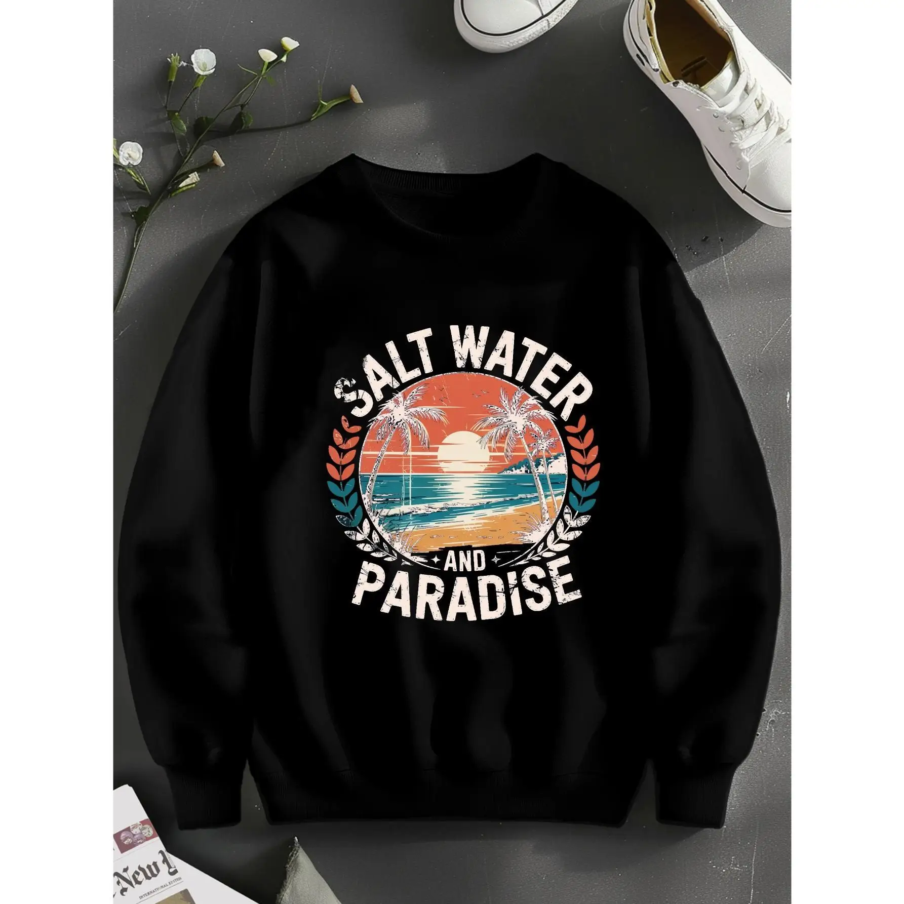 

"Salt Water And Paradise" Sweatshirt Unisex Retro Beach Graphic Pullover Tropical Vacation Palm Tree Ocean Lover Cotton Top Gift